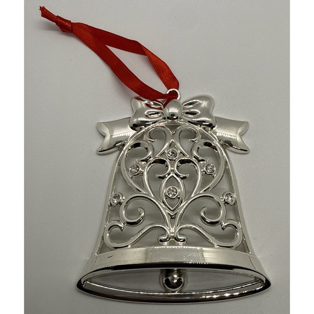Lenox SPARKLE and SCROLL BELL Multi Crystal Silverplate Christmas Ornament Stamp